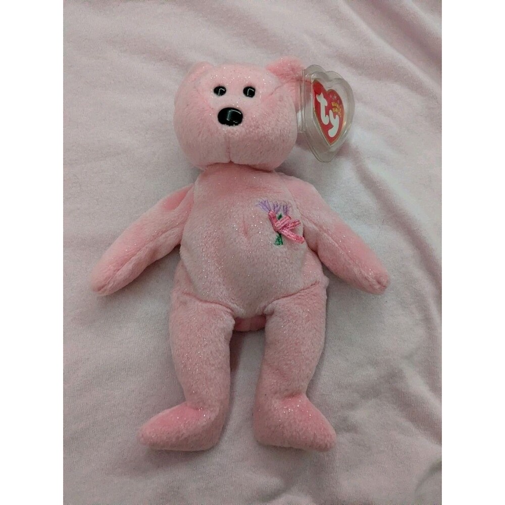 Vintage Ty Beanie Baby Mum the Bear 2001 Retired Pink Plush Embroidered Flowers
